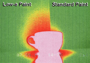 Thermal image of a hot cup of coffie in front of a low-e and standard wall